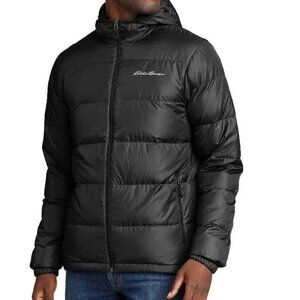 EDDIE BAUER 650 Wide Channel Down Black Hooded Lightweight Packable Zip Jacket M